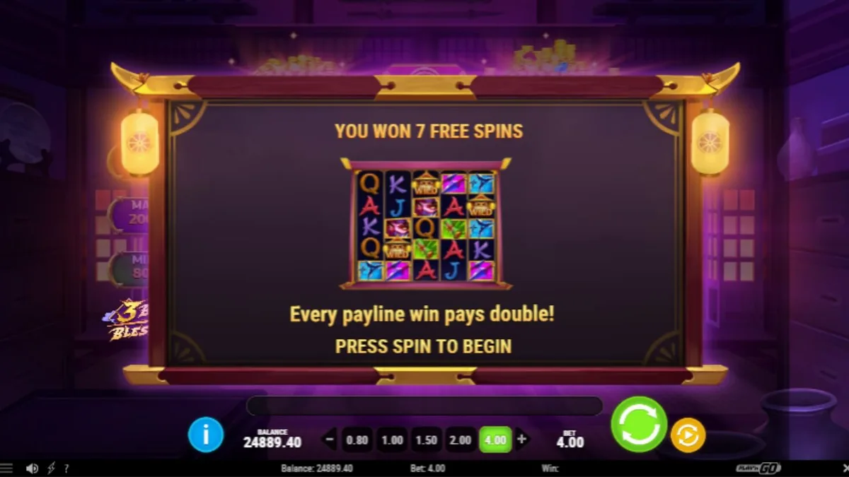 Tampilan visual slot 3 Blades & Blessings dengan tema ninja dan latar belakang pagoda Jepang.