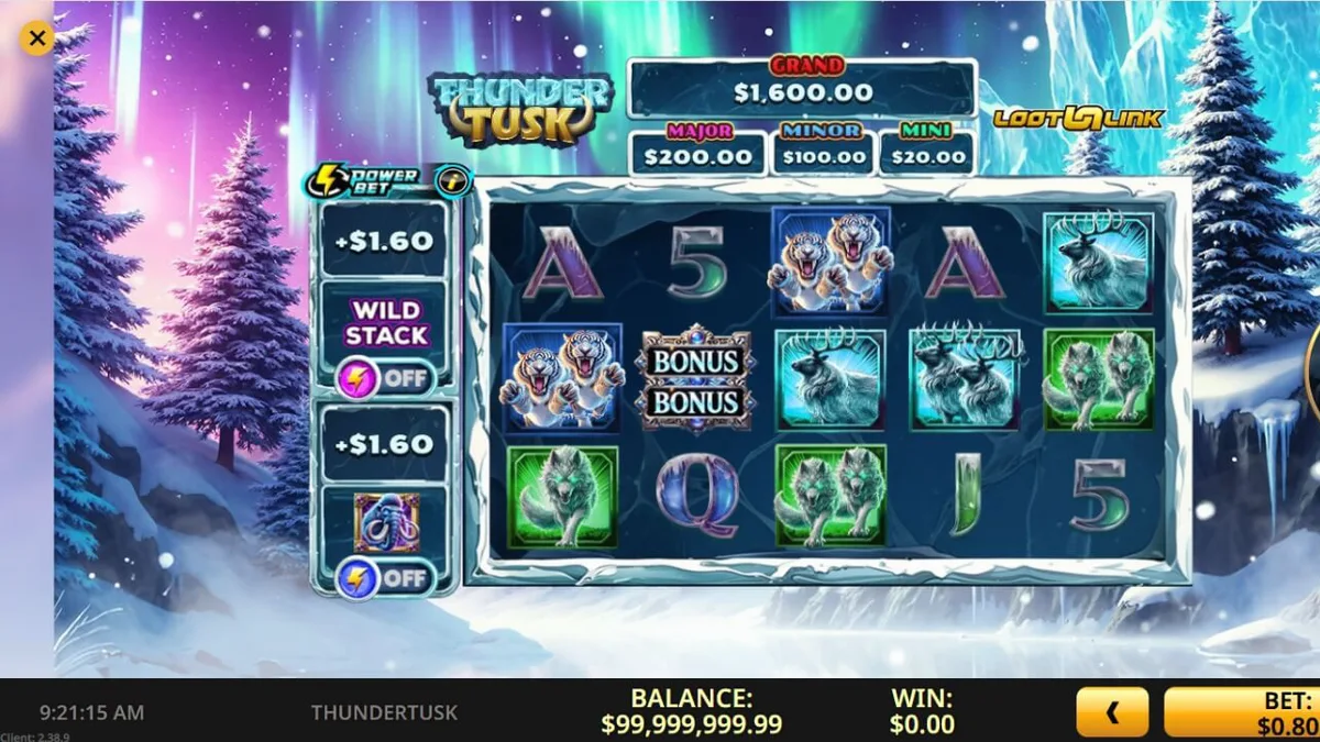 Visual slot Thunder Tusk dengan latar belakang tundra es dan simbol mammoth.