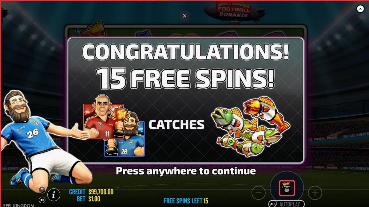 Tampilan visual slot Big Bass Football Bonanza dengan elemen sepak bola dan memancing