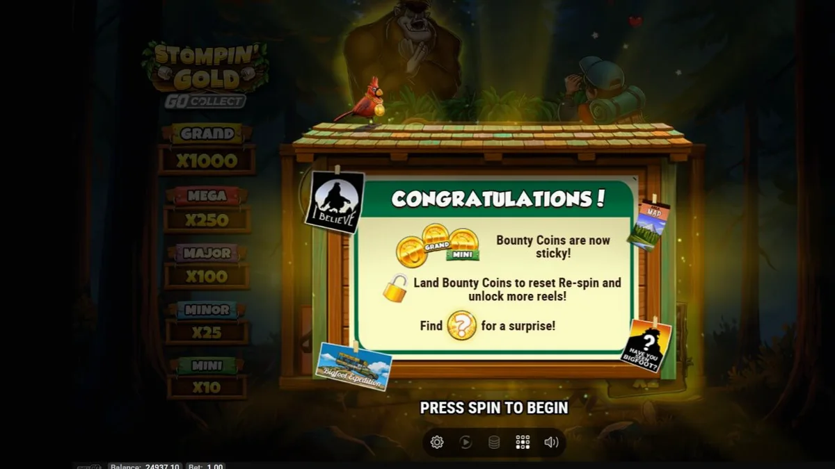 Tampilan visual slot Stompin’ Gold GO Collect dengan karakter yeti dan latar belakang hutan.